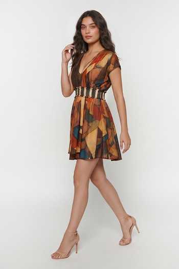 House Of Varada_Brown Chinon V-, Plunge Amber Mosaic Print Dress _Online_at_Aza_Fashions