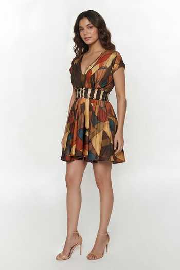 Buy_House Of Varada_Brown Chinon V-, Plunge Amber Mosaic Print Dress _Online_at_Aza_Fashions