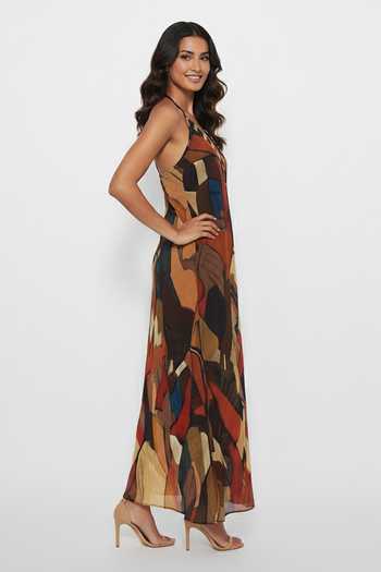 House Of Varada_Brown Chinon Halter Neck Bohemian Print A-line Maxi Dress _Online_at_Aza_Fashions