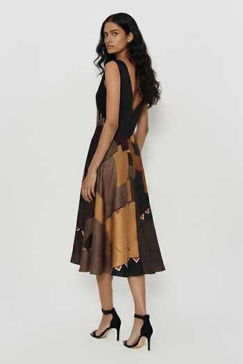 House Of Varada_Brown Silk, Dupion Digital Print V-neck Midnight Patchwork Dress _Online_at_Aza_Fashions