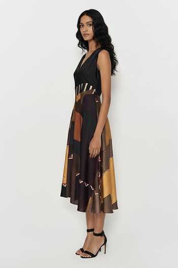 Buy_House Of Varada_Brown Silk, Dupion Digital Print V-neck Midnight Patchwork Dress _Online_at_Aza_Fashions