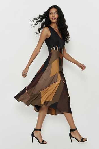 Shop_House Of Varada_Brown Silk, Dupion Digital Print V-neck Midnight Patchwork Dress _Online_at_Aza_Fashions