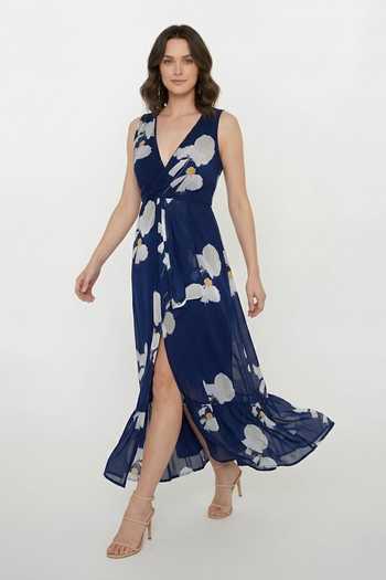 House Of Varada_Blue Crepe V-neck Bold Floral Print Slit Dress _Online_at_Aza_Fashions
