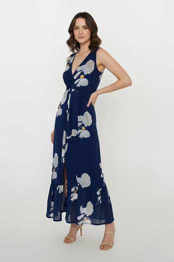 Buy_House Of Varada_Blue Crepe V-neck Bold Floral Print Slit Dress _Online_at_Aza_Fashions