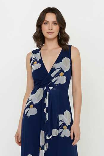 Shop_House Of Varada_Blue Crepe V-neck Bold Floral Print Slit Dress _Online_at_Aza_Fashions