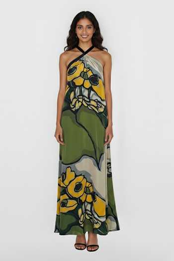 House Of Varada_Green Crepe Halter Neck Abstract Floral Print Dress _Online_at_Aza_Fashions