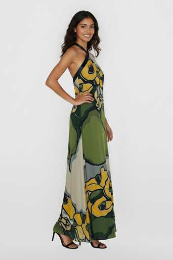 Buy_House Of Varada_Green Crepe Halter Neck Abstract Floral Print Dress _Online_at_Aza_Fashions