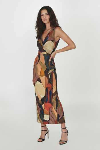 House Of Varada Brown Chinon V-neck Rustic Mosaic Print Maxi Dress Online at Aza Fashions House Of Varada_Brown Chinon V-neck Rustic Mosaic Print Maxi Dress _Online_at_Aza_Fashions