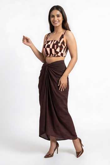 House Of Varada_Brown Crepe Square Neck Geometric Print Top And Draped Skirt Set _Online_at_Aza_Fashions