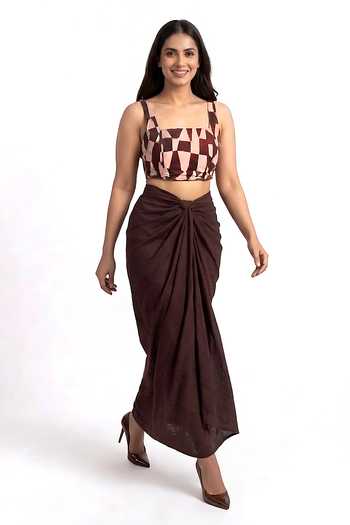 Buy_House Of Varada_Brown Crepe Square Neck Geometric Print Top And Draped Skirt Set _Online_at_Aza_Fashions