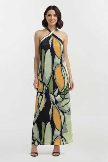 House Of Varada_Multi Color Crepe Halter Neck Olive Dawn Printed Maxi Dress _Online_at_Aza_Fashions