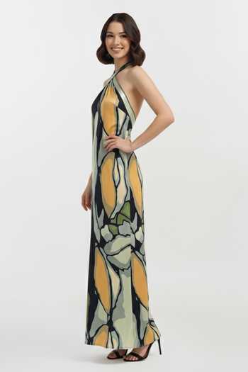 Buy_House Of Varada_Multi Color Crepe Halter Neck Olive Dawn Printed Maxi Dress _Online_at_Aza_Fashions