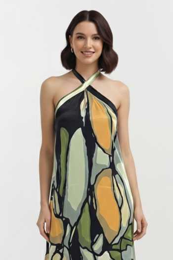 House Of Varada_Multi Color Crepe Halter Neck Olive Dawn Printed Maxi Dress _at_Aza_Fashions