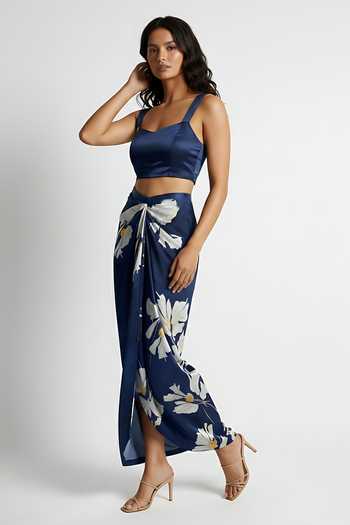 House Of Varada_Blue Crepe Sweetheart Neck Crop Top And Floral Print Draped Skirt Set _Online_at_Aza_Fashions
