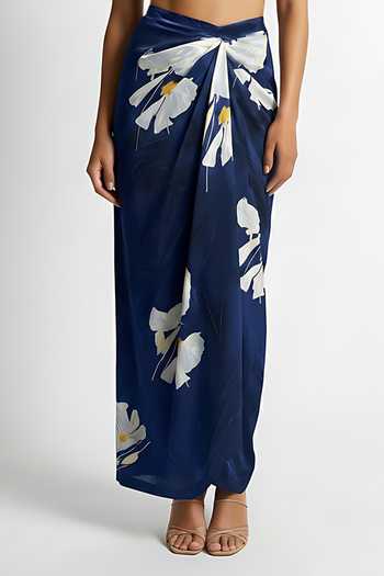Buy_House Of Varada_Blue Crepe Sweetheart Neck Crop Top And Floral Print Draped Skirt Set _Online_at_Aza_Fashions