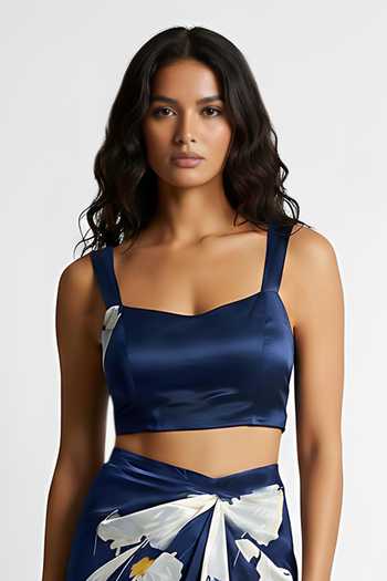 Shop_House Of Varada_Blue Crepe Sweetheart Neck Crop Top And Floral Print Draped Skirt Set _Online_at_Aza_Fashions