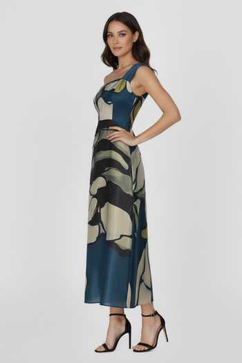 House Of Varada_Blue Crepe One Shoulder Midnight Flora Print Dress _Online_at_Aza_Fashions