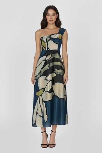 Shop_House Of Varada_Blue Crepe One Shoulder Midnight Flora Print Dress _Online_at_Aza_Fashions