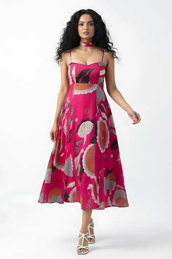 House Of Varada_Pink Chinon Sweetheart Neck Abstract Floral Print Dress With Scarf _Online_at_Aza_Fashions