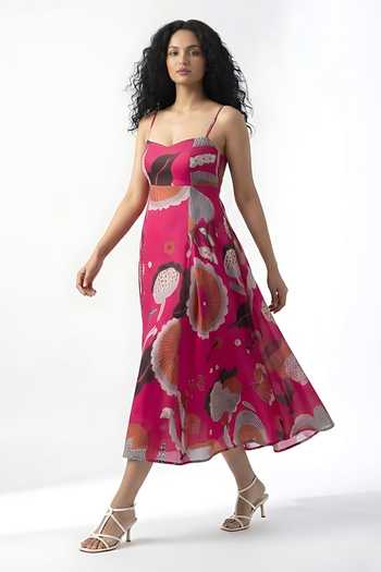 Buy_House Of Varada_Pink Chinon Sweetheart Neck Abstract Floral Print Dress With Scarf _Online_at_Aza_Fashions