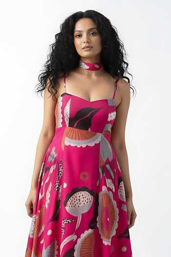 Shop_House Of Varada_Pink Chinon Sweetheart Neck Abstract Floral Print Dress With Scarf _Online_at_Aza_Fashions