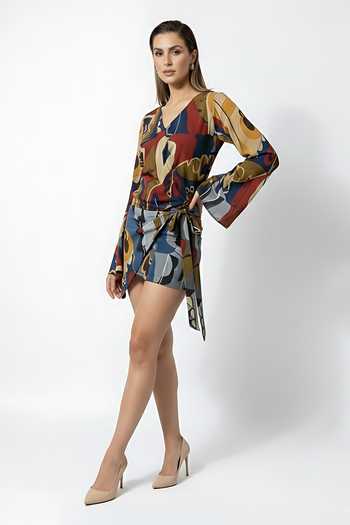 House Of Varada_Multi Color Chinon V-neck Abstract Print Top And Skirt Set _Online_at_Aza_Fashions
