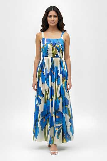 House Of Varada_Blue Chinon Square Neck Bold Floral Print Dress _Online_at_Aza_Fashions