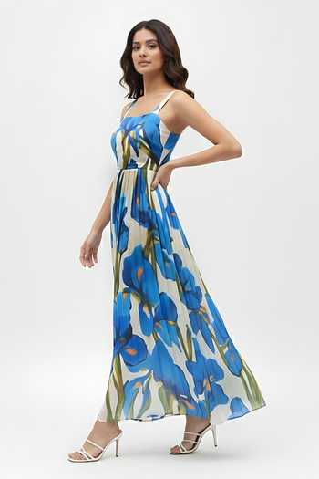 Buy_House Of Varada_Blue Chinon Square Neck Bold Floral Print Dress _Online_at_Aza_Fashions