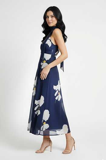 House Of Varada_Blue Crepe V-neck Floral Print Dress With Scarf _Online_at_Aza_Fashions