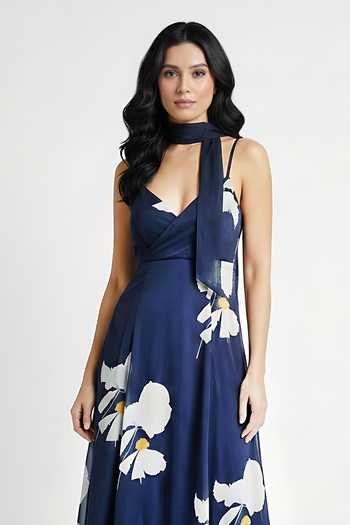 Shop_House Of Varada_Blue Crepe V-neck Floral Print Dress With Scarf _Online_at_Aza_Fashions