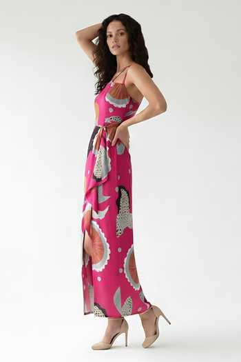 House Of Varada_Pink Crepe Halter Neck, Asymmetric Abstract Print Dress _Online_at_Aza_Fashions