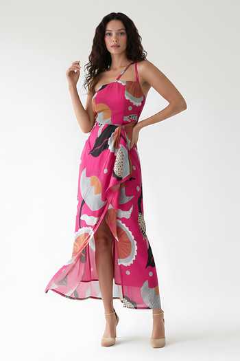 Buy_House Of Varada_Pink Crepe Halter Neck, Asymmetric Abstract Print Dress _Online_at_Aza_Fashions