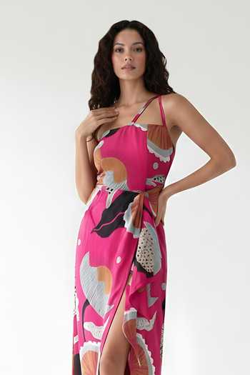 Shop_House Of Varada_Pink Crepe Halter Neck, Asymmetric Abstract Print Dress _Online_at_Aza_Fashions