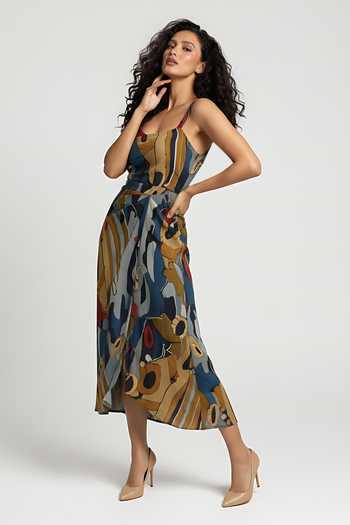 House Of Varada_Multi Color Chinon Square Neck Abstract Geometric Print Wrap Style Dress _Online_at_Aza_Fashions