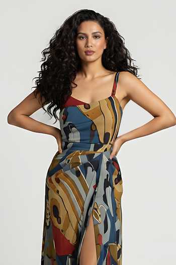 Buy_House Of Varada_Multi Color Chinon Square Neck Abstract Geometric Print Wrap Style Dress _Online_at_Aza_Fashions
