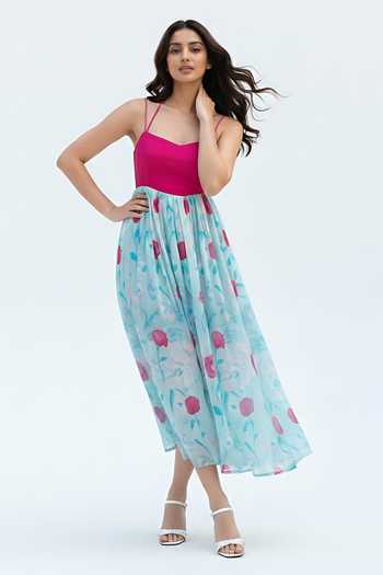 House Of Varada_Blue Chinon Sweetheart Neck Soft Floral Print Fit And Flare Dress _Online_at_Aza_Fashions