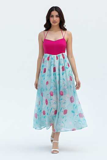 Buy_House Of Varada_Blue Chinon Sweetheart Neck Soft Floral Print Fit And Flare Dress _Online_at_Aza_Fashions