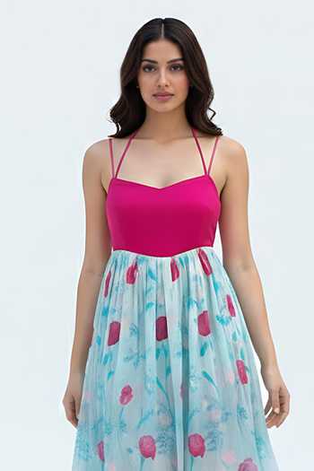 Shop_House Of Varada_Blue Chinon Sweetheart Neck Soft Floral Print Fit And Flare Dress _Online_at_Aza_Fashions