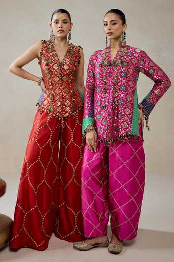 Buy_Nitika Gujral_Fuchsia Silk, Chanderi, Satin, Shantoon Patola Pattern Jacket And Salwar Set _Online_at_Aza_Fashions