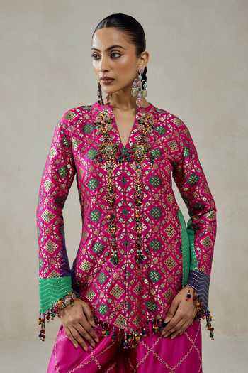 Shop_Nitika Gujral_Fuchsia Silk, Chanderi, Satin, Shantoon Patola Pattern Jacket And Salwar Set _Online_at_Aza_Fashions