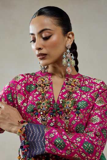Nitika Gujral_Fuchsia Silk, Chanderi, Satin, Shantoon Patola Pattern Jacket And Salwar Set _at_Aza_Fashions