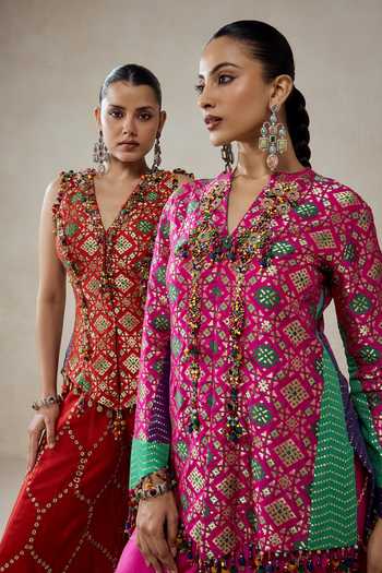 Buy_Nitika Gujral_Fuchsia Silk, Chanderi, Satin, Shantoon Patola Pattern Jacket And Salwar Set 