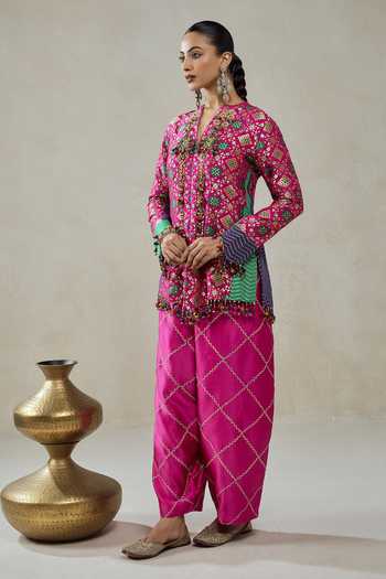 Shop_Nitika Gujral_Fuchsia Silk, Chanderi, Satin, Shantoon Patola Pattern Jacket And Salwar Set 