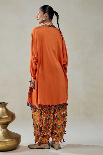 Nitika Gujral_Orange Silk, Chanderi, Modal, Shantoon Beads, Tassels Work Jacket Salwar Set _Online_at_Aza_Fashions