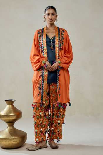 Buy_Nitika Gujral_Orange Silk, Chanderi, Modal, Shantoon Beads, Tassels Work Jacket Salwar Set _Online_at_Aza_Fashions