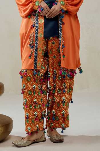 Shop_Nitika Gujral_Orange Silk, Chanderi, Modal, Shantoon Beads, Tassels Work Jacket Salwar Set _Online_at_Aza_Fashions