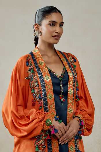 Nitika Gujral_Orange Silk, Chanderi, Modal, Shantoon Beads, Tassels Work Jacket Salwar Set _at_Aza_Fashions