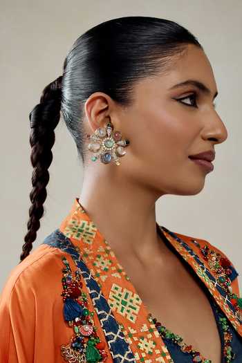 Buy_Nitika Gujral_Orange Silk, Chanderi, Modal, Shantoon Beads, Tassels Work Jacket Salwar Set 