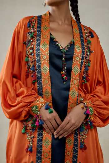 Shop_Nitika Gujral_Orange Silk, Chanderi, Modal, Shantoon Beads, Tassels Work Jacket Salwar Set 