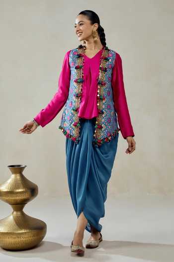 Buy Nitika Gujral Blue Silk, Chanderi, Shantoon Beads, Patola Pattern Jacket Draped Skirt Set Online at Aza Fashions Buy_Nitika Gujral_Blue Silk, Chanderi, Shantoon Beads, Patola Pattern Jacket Draped Skirt Set _Online_at_Aza_Fashions